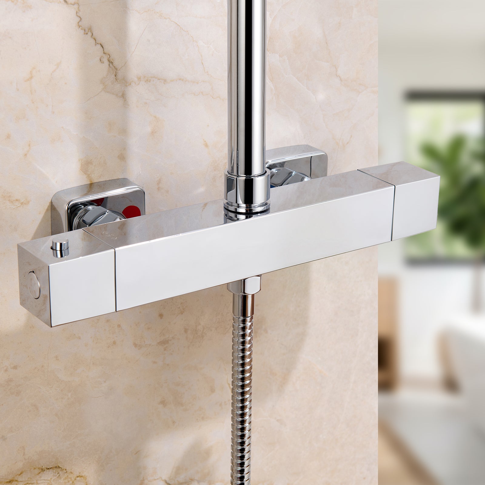 Bateria natryskowa Auralum Max Square, termostatyczna, z 2 wyjściami, wyjściem górnym 1/2" lub 3/4" i wyjściem dolnym 1/2", chrom