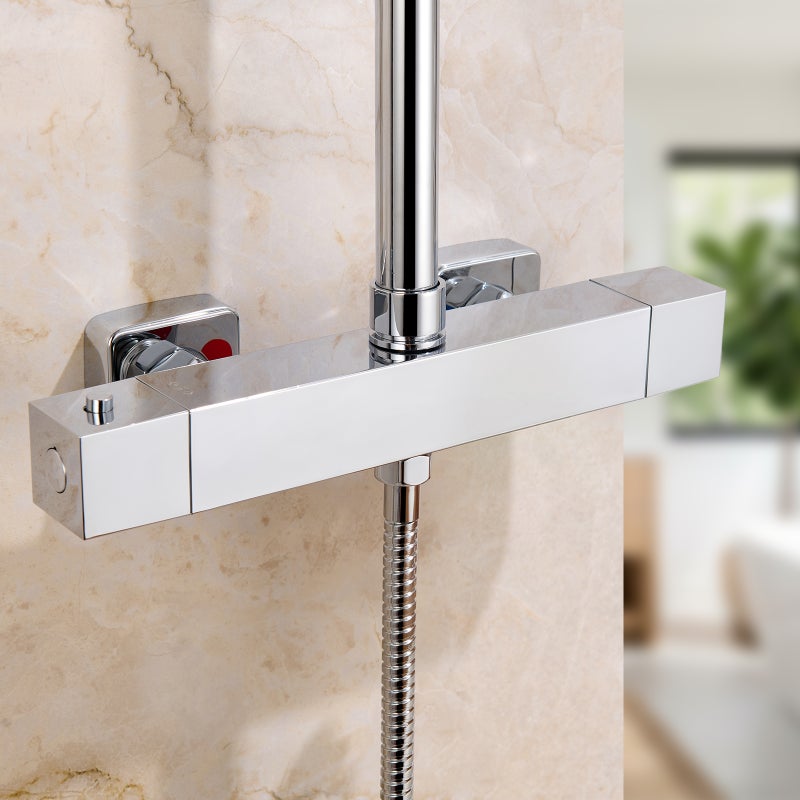 Bateria natryskowa Auralum Max Square, termostatyczna, z 2 wyjściami, wyjściem górnym 1/2" lub 3/4" i wyjściem dolnym 1/2", chrom