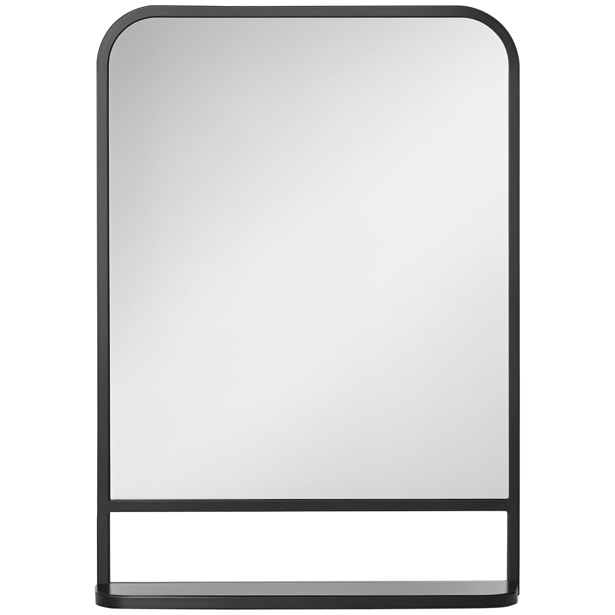 Dekoracyjne lustro ścienne 50 x 70 cm, metalowe z półką, w nowoczesnym czarnym stylu, idealne do przedpokoju.