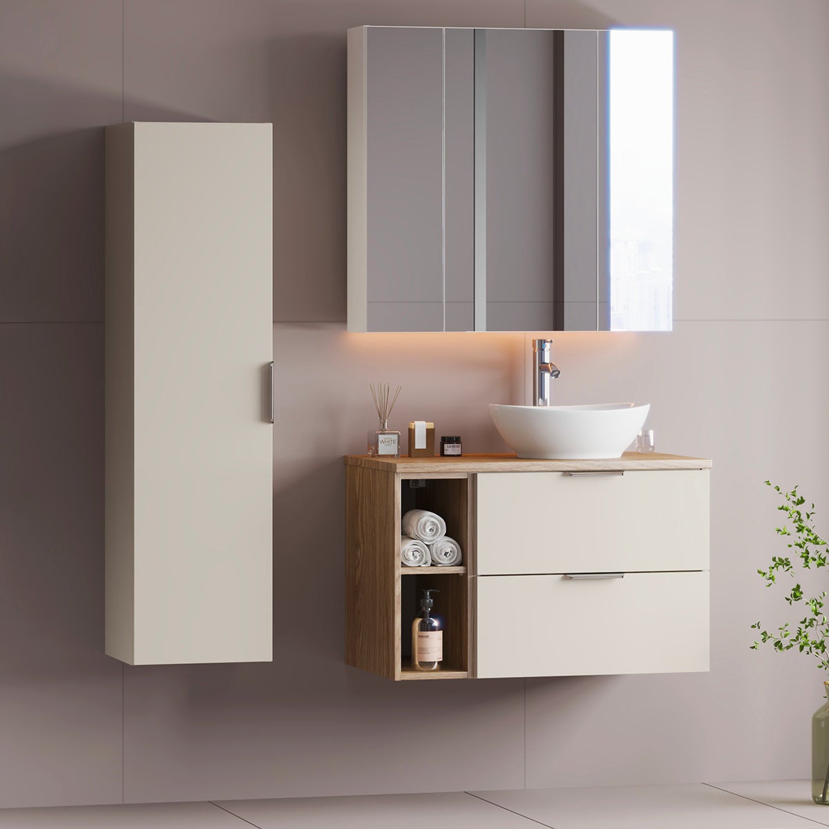 Zestaw mebli pod umywalkę pojedynczą 80 cm z 2 wnękami i szafką wysoką „Astrid” w kolorze kaszmiru i drewna