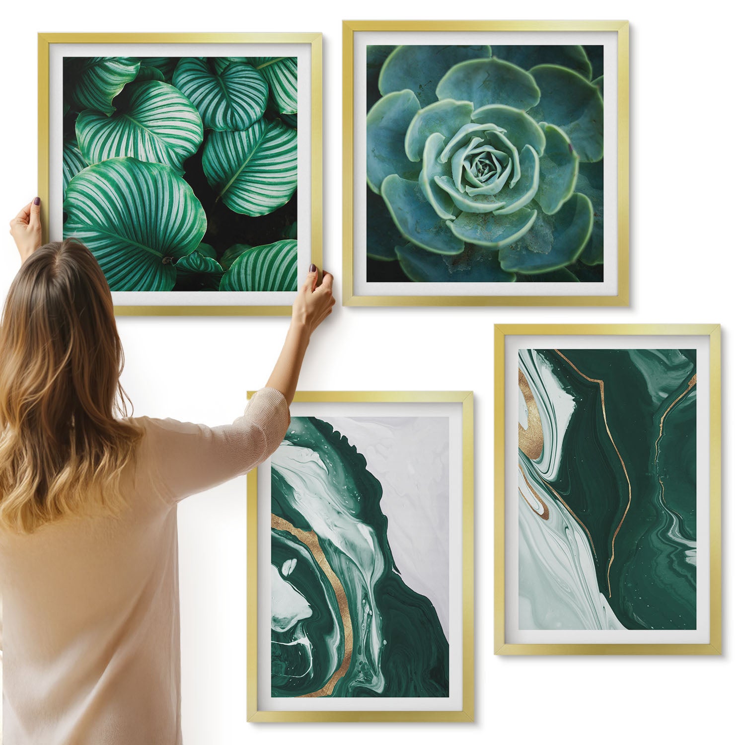 Galeria ścienna 4-częściowy komplet obrazów w złotych ramach - Abstrakcyjne wzorów farb liście rośliny sukulent - ArtPrintCave