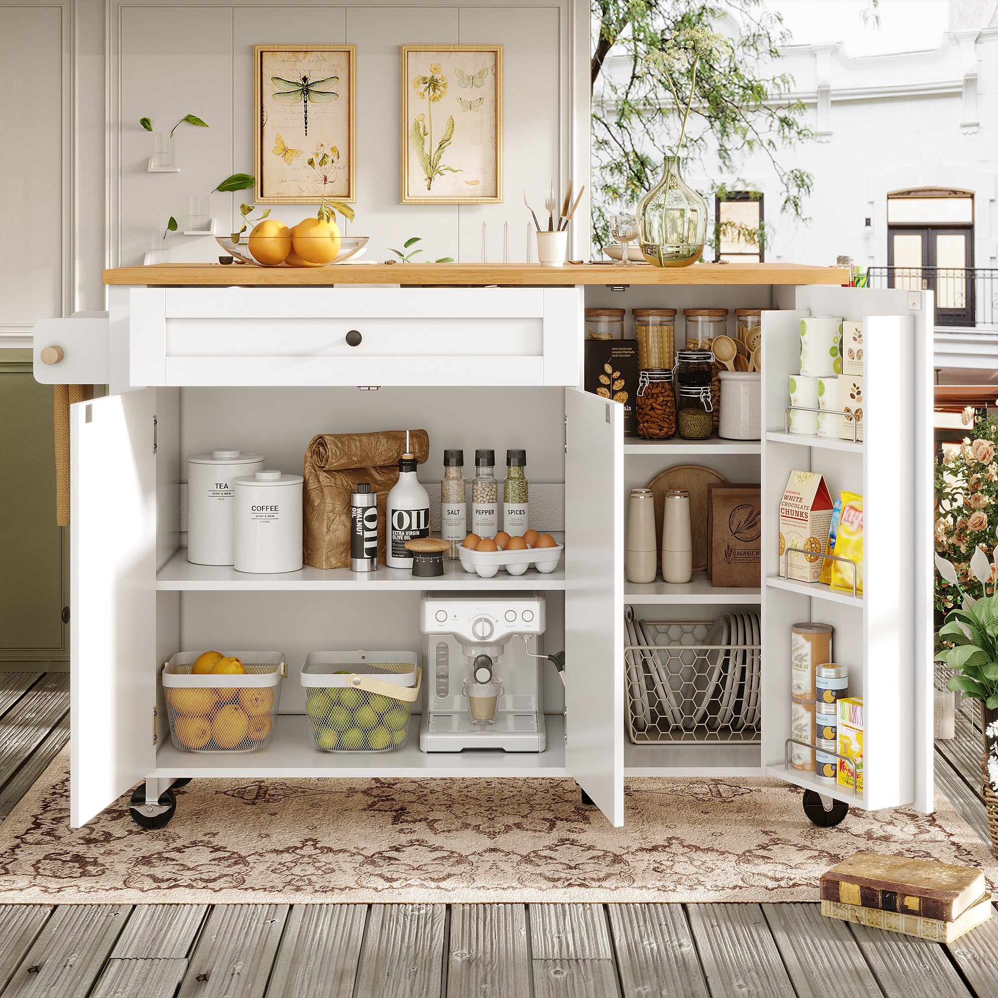 Mobilna wyspa kuchenna z 3 drzwiami i 1 szufladą - Wysuwany blat - 90 x 40/70 x 90 cm - MDF + Metal - Biały + naturalny