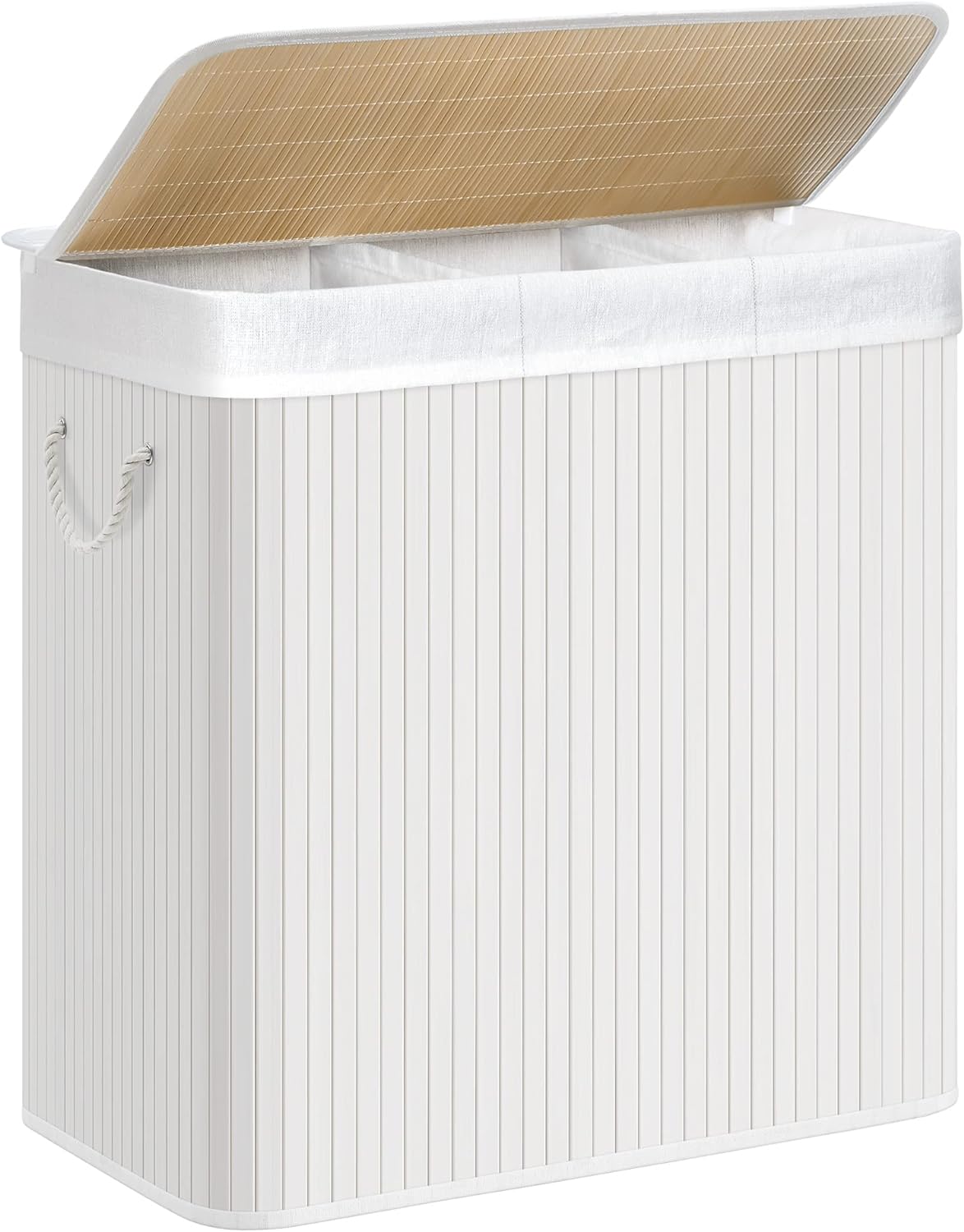 SONGMICS Cesto Portabiancheria, 150 L, Cesta Biancheria a 3 Scomparti in Bambù Coperchio, Maniglie, Pieghevole, Sacco Rimovibile e Lavabile in Lavatri