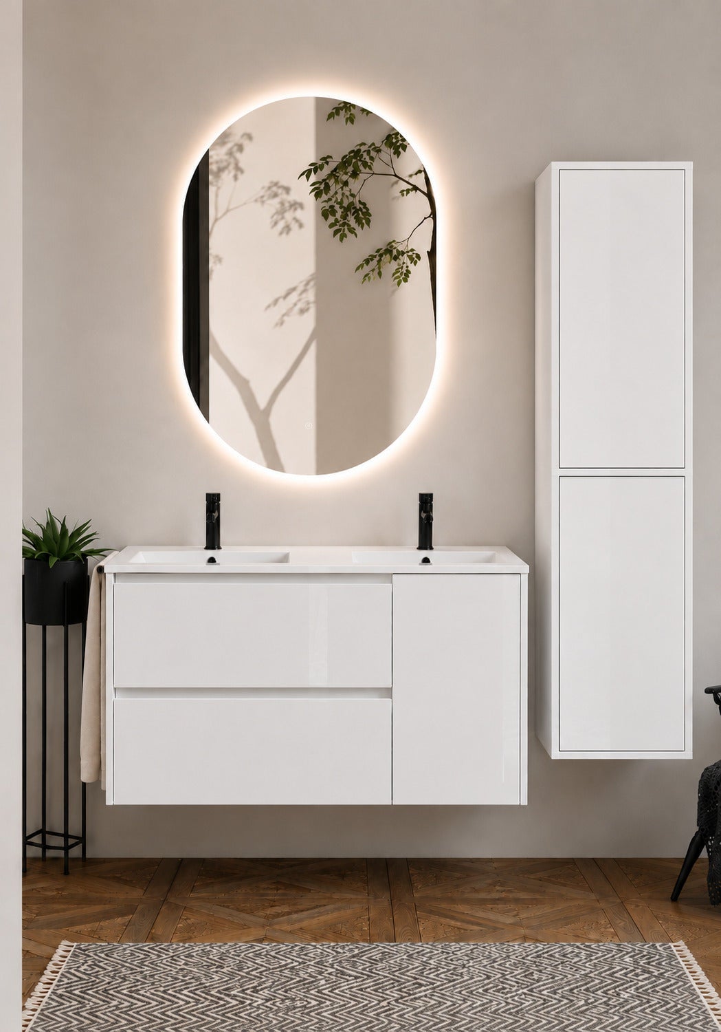 Szafka łazienkowa z umywalką ORIGENBATH ITACA bez lustra 120x45 cm podwójna umywalka biały z kolumną
