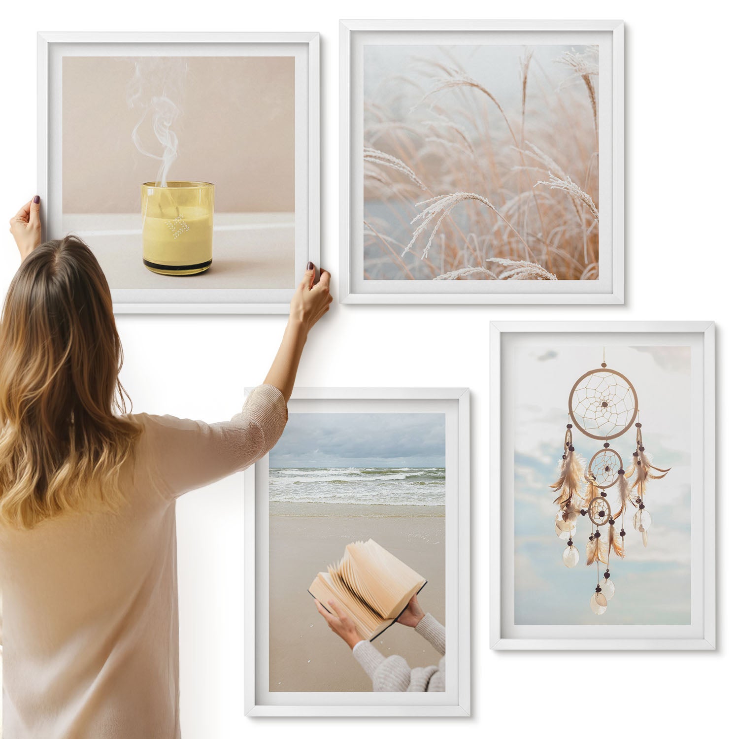 Galeria ścienna 4-częściowy komplet obrazów w białych ramach - Spokojne pejzaże delikatne letnie widoki styl boho - ArtPrintCave