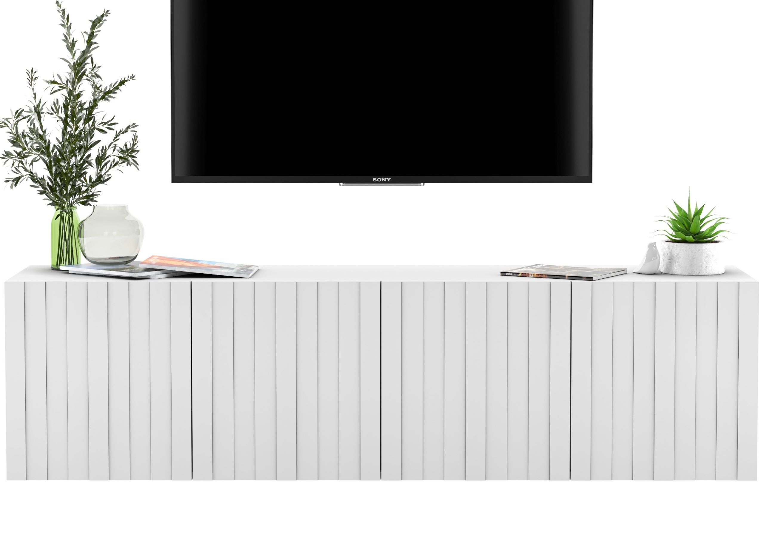 Wisząca szafka RTV Glamour 150 cm biały mat, komoda pod telewizor do nowoczesnego salonu