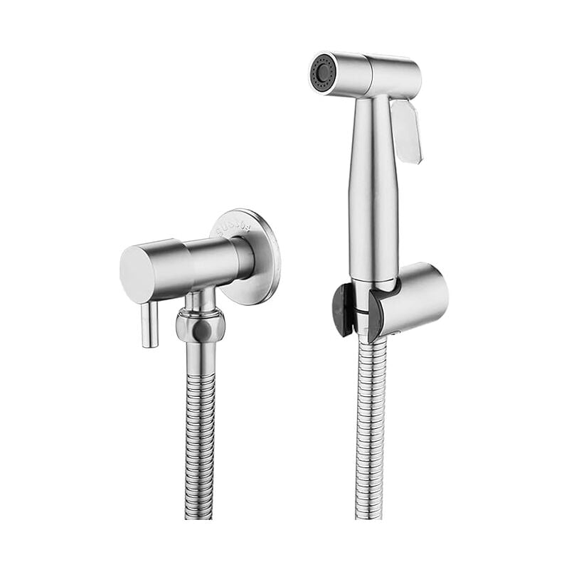 Zestaw Spłuczki WC ze Stali Nierdzewnej 304, Dysza do Spłukiwania WC, Ręczny Bidet z Wężem i Zaworem T G1/2", Srebrny