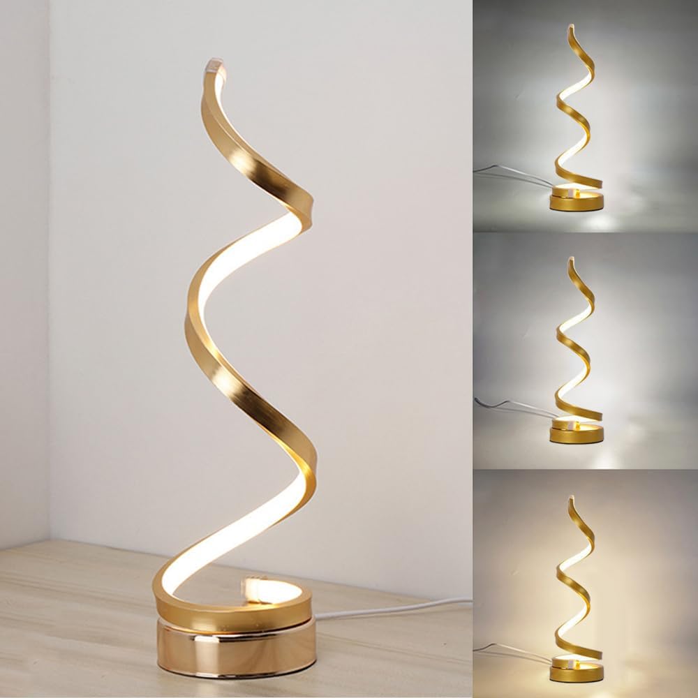 Lampka nocna LED spiralna, lampa stołowa/oświetlenie dekoracyjne, nowoczesna lampka biurkowa LED, 3 temperatury barwowe do sypialni (złota)