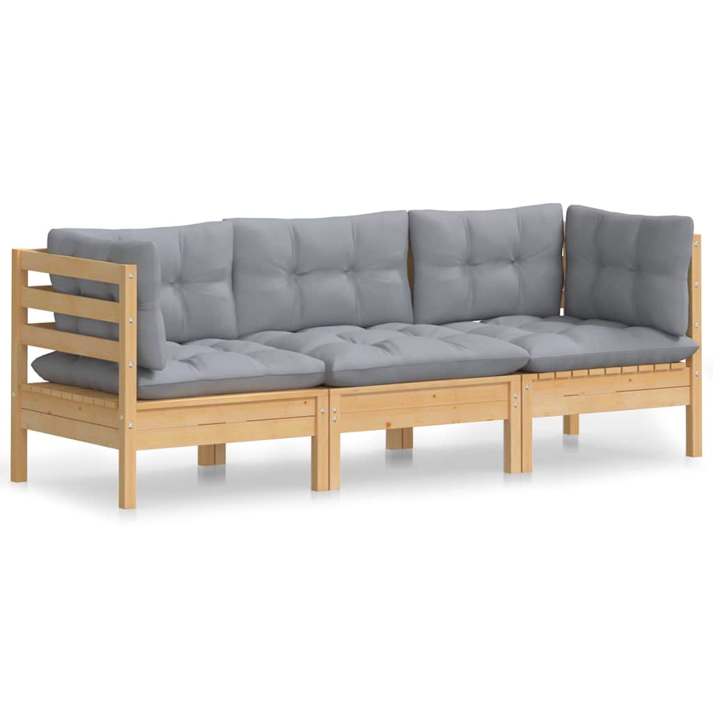 Sofa Ogrodowa Modułowa 3-Osobowa Drewniana z Poduszkami Szarymi