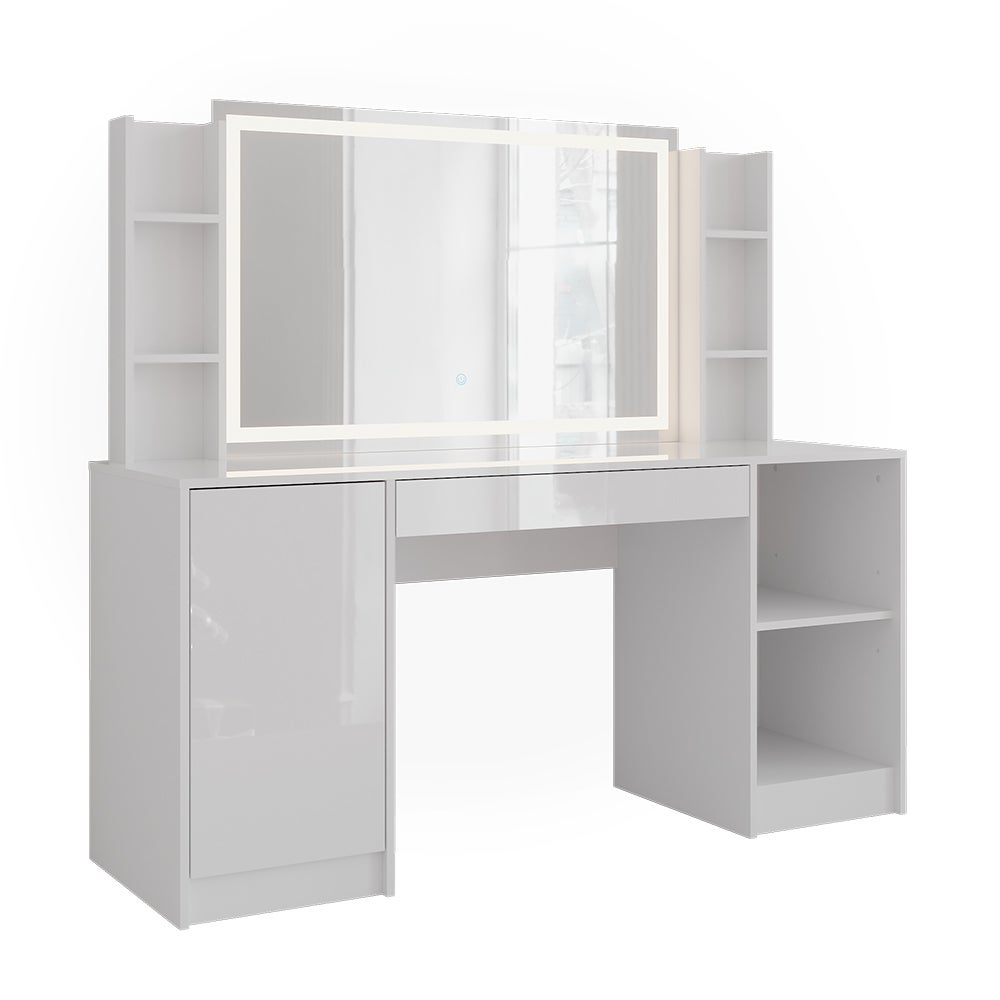 Vicco Stół toaletowy Sherry, Biały/Biały wysoki połysk, 158.2 cm z lusterkiem LED