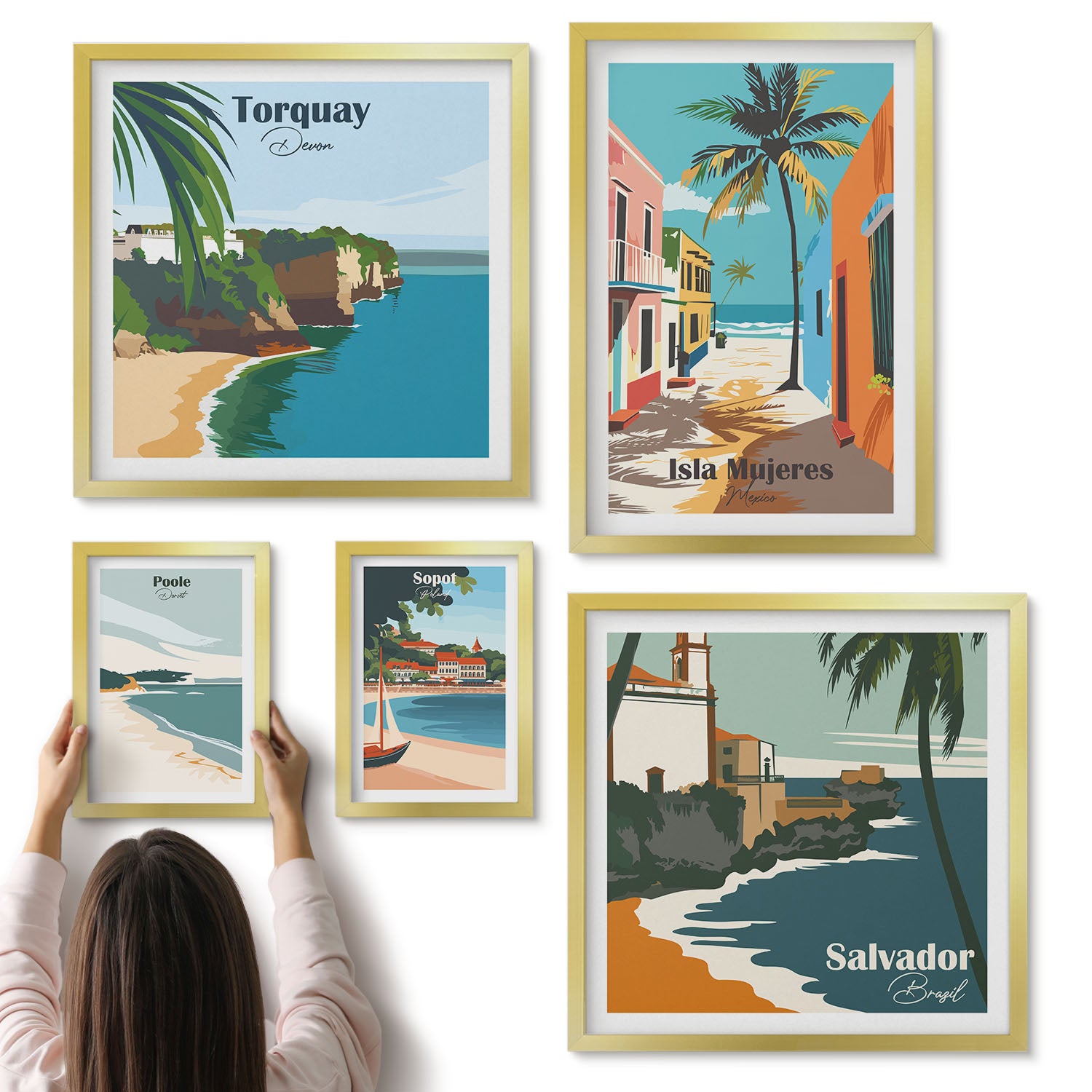Galeria ścienna 5-częściowy komplet obrazów w złotych ramach - Kolorowe widoki na nadmorskie miejscowości i plaże - ArtPrintCave