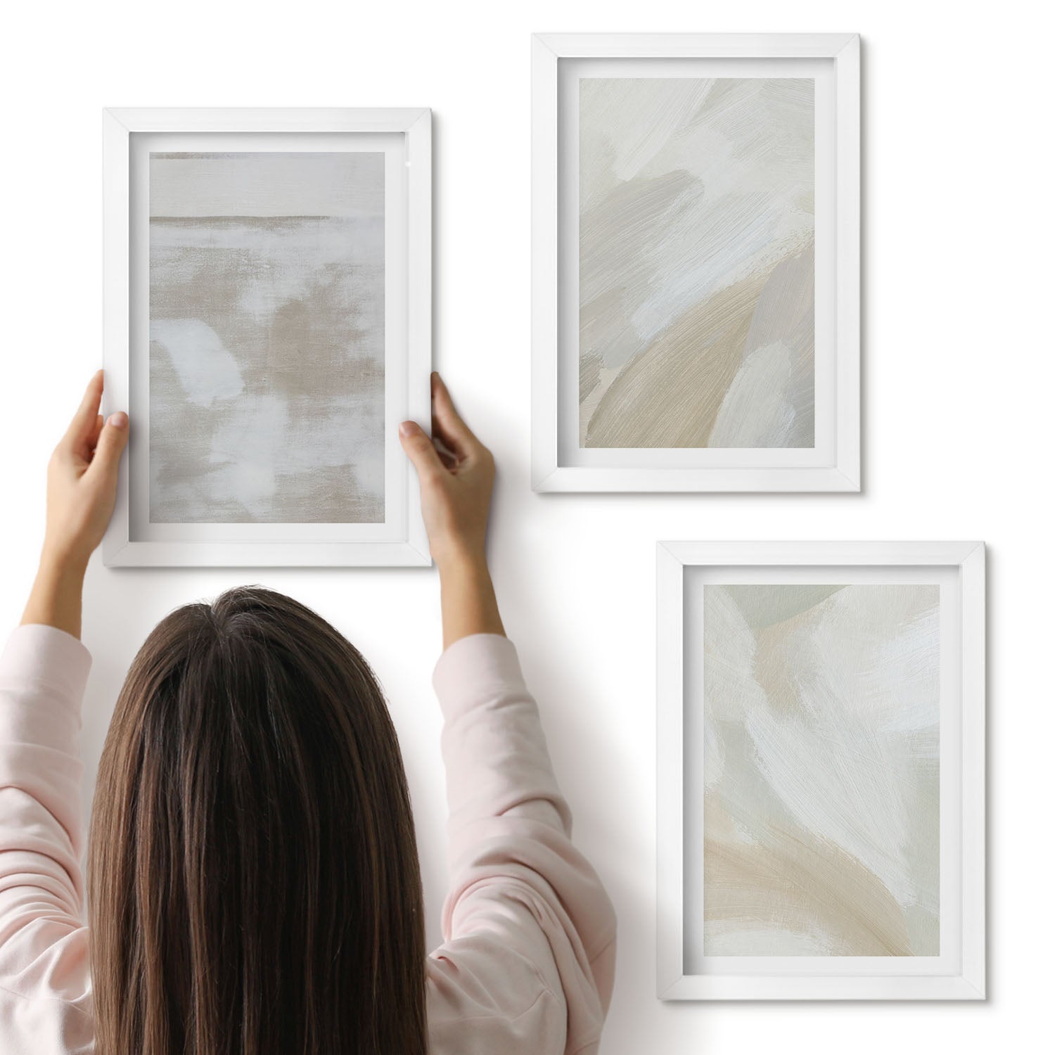 Galeria ścienna 3-częściowy komplet obrazów w białych ramach - Pociągnięcia pędzlem abstrakcja farb na płótnie - ArtPrintCave