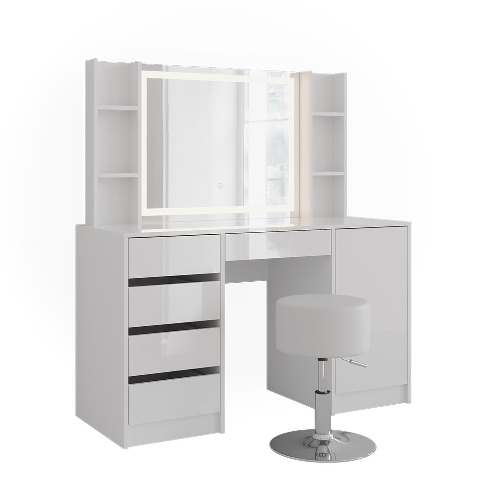 Vicco Stół do toalety Sherry, Biały/Biały wysoki połysk, 128.2 cm z lustrem LED i stołkiem