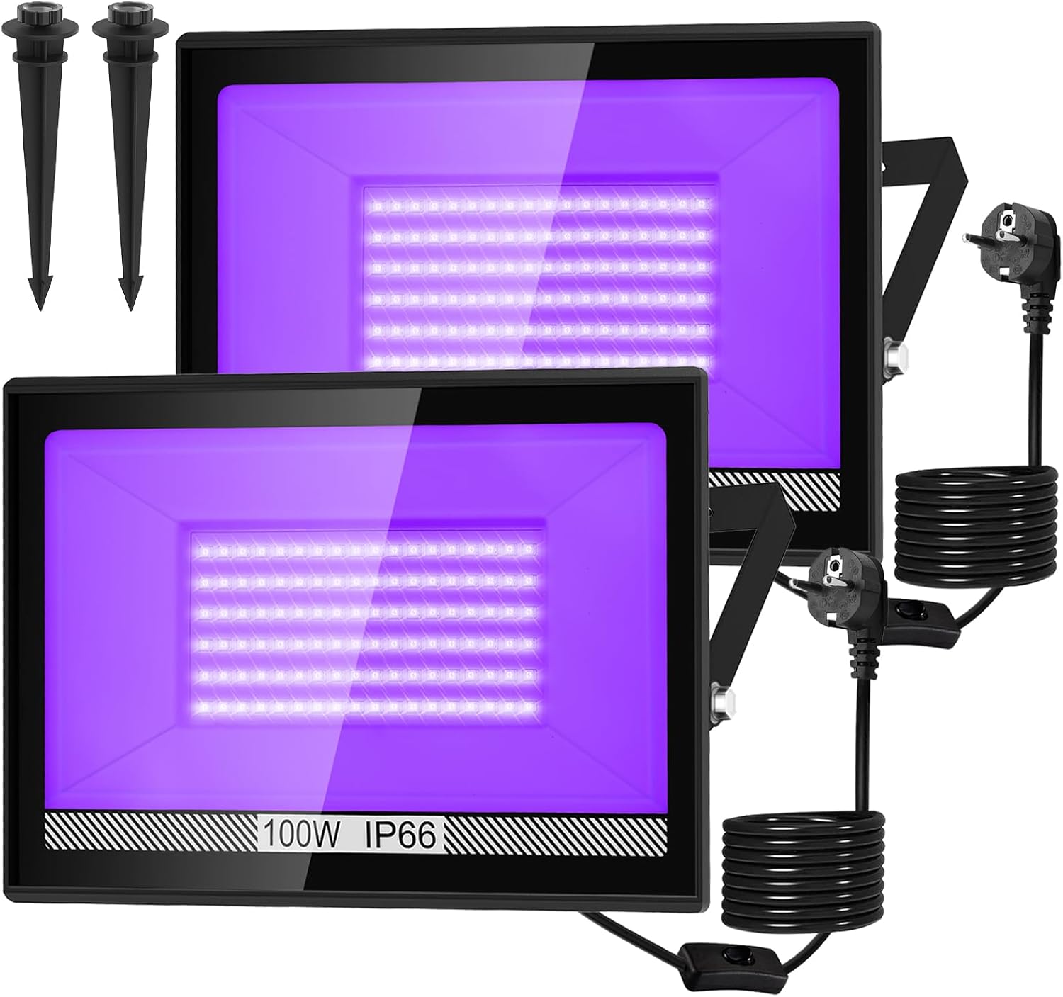 Zestaw 2 projektorów światła czarnego LED 100 W, UV 395 nm – wodoodporna lampa UV, idealna na imprezy neonowe, Halloween, do barów