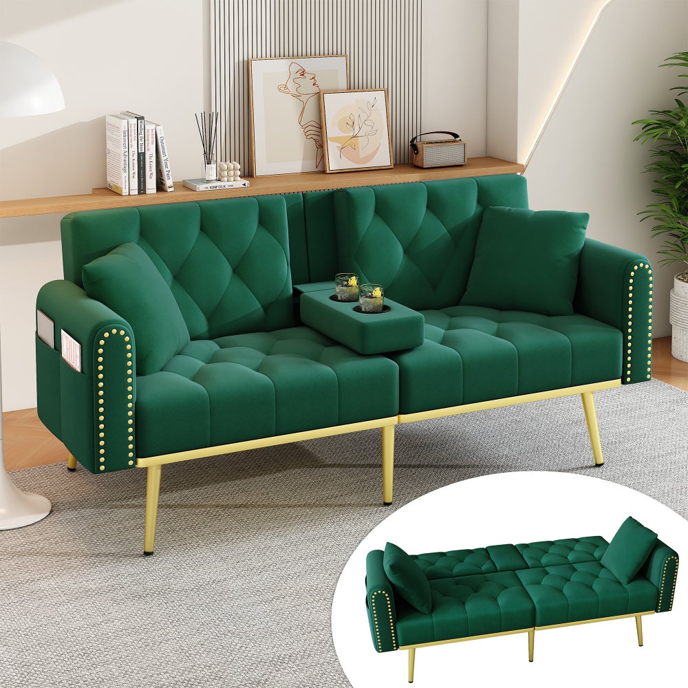 Sofa rozkładana, 3 regulowane pozycje odchylenia, z uchwytem na kubek, zielona