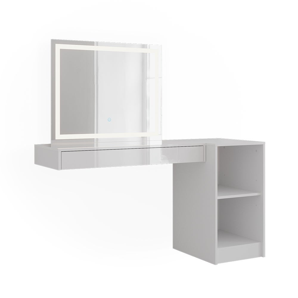 Vicco Stół toaletowy Sherry, Biały, 140.2 cm z lustrem LED i otwartym regałem