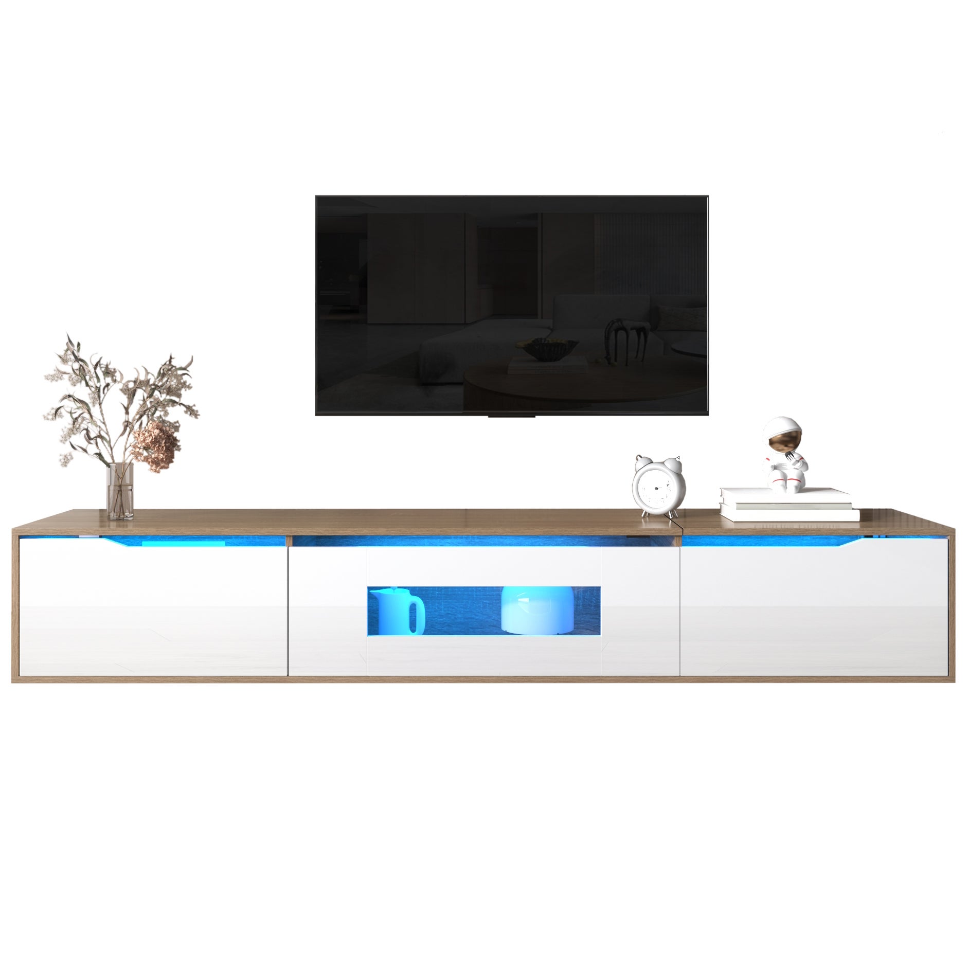 TV-Schrank z LED - Białe Hochglanz, w kolorze drewna, 180x35x30 cm, Particle board