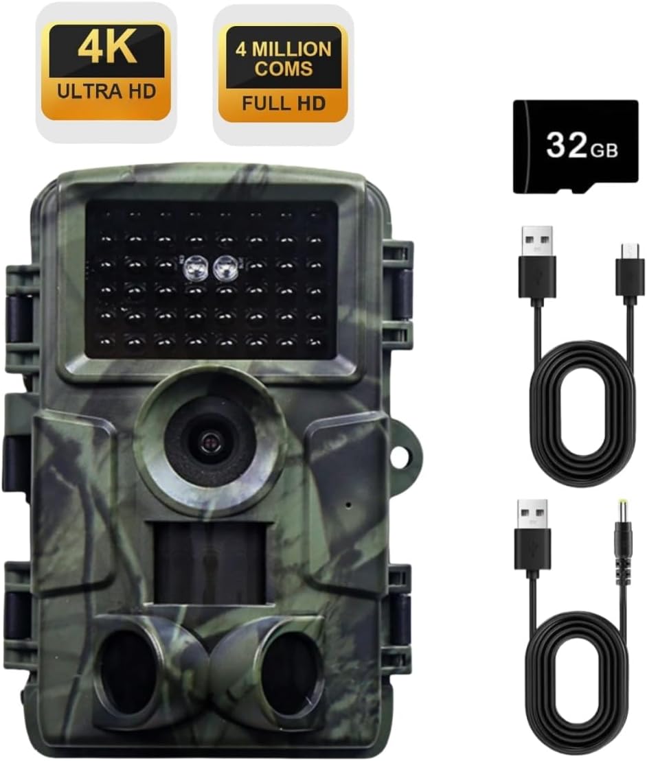 Kamera szlakowa 4K/1080P 60MP Full HD z kartą SD 32 GB | Nocna wizja na podczerwień dla zwierząt | Wodoodporna kamera śledząca do użytku na zewnątrz z