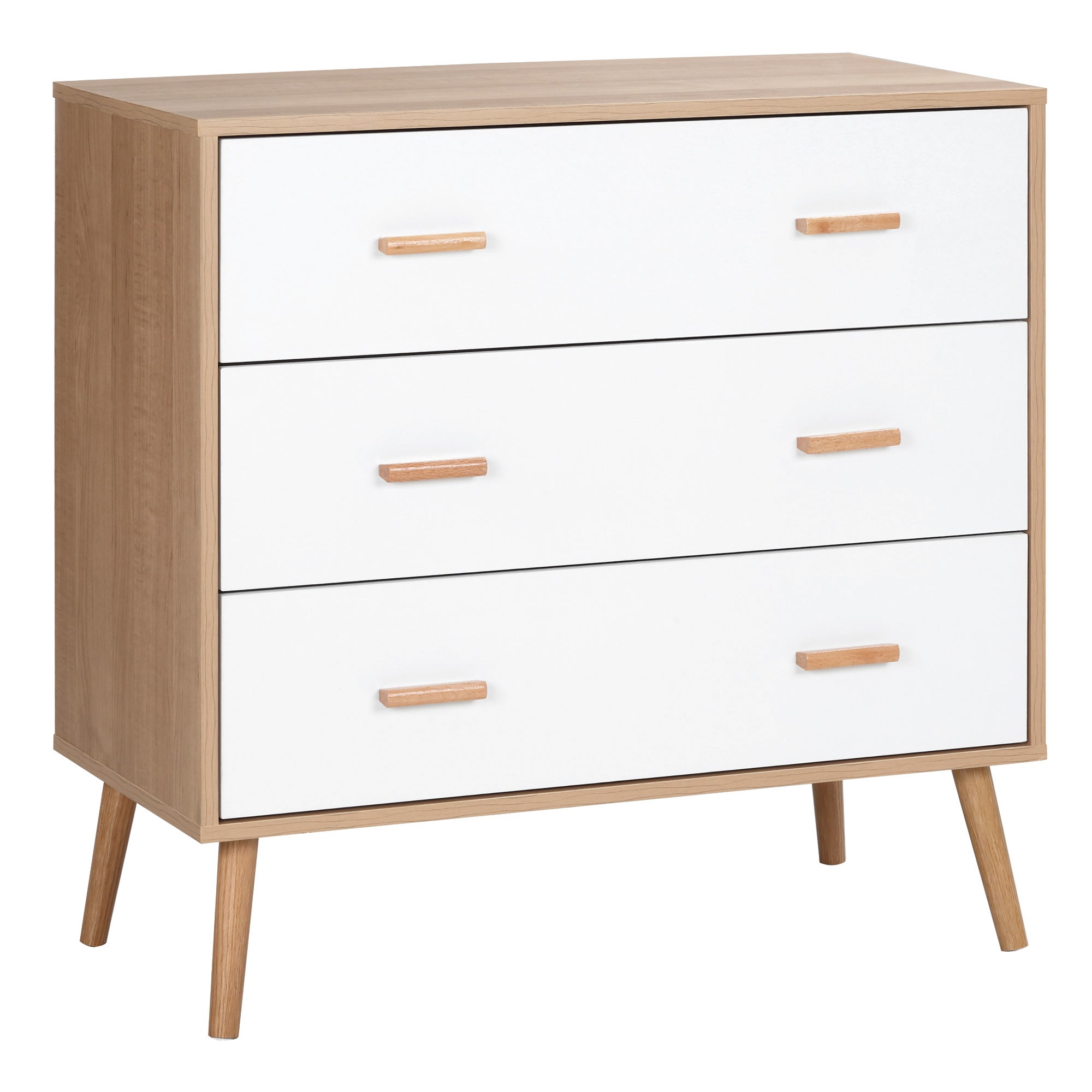 Podwyższona komoda z 3 szufladami do salonu i sypialni, wykonana z drewna, 80 x 39 x 80 cm, kolor biały i drewno.