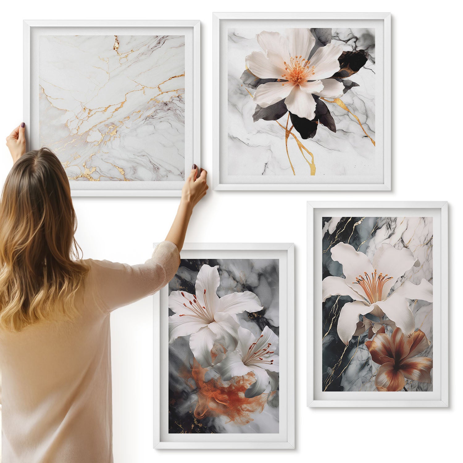 Galeria ścienna 4-częściowy komplet obrazów w białych ramach - Kwiaty na tle marmuru w odcieniach bieli i czerni - ArtPrintCave