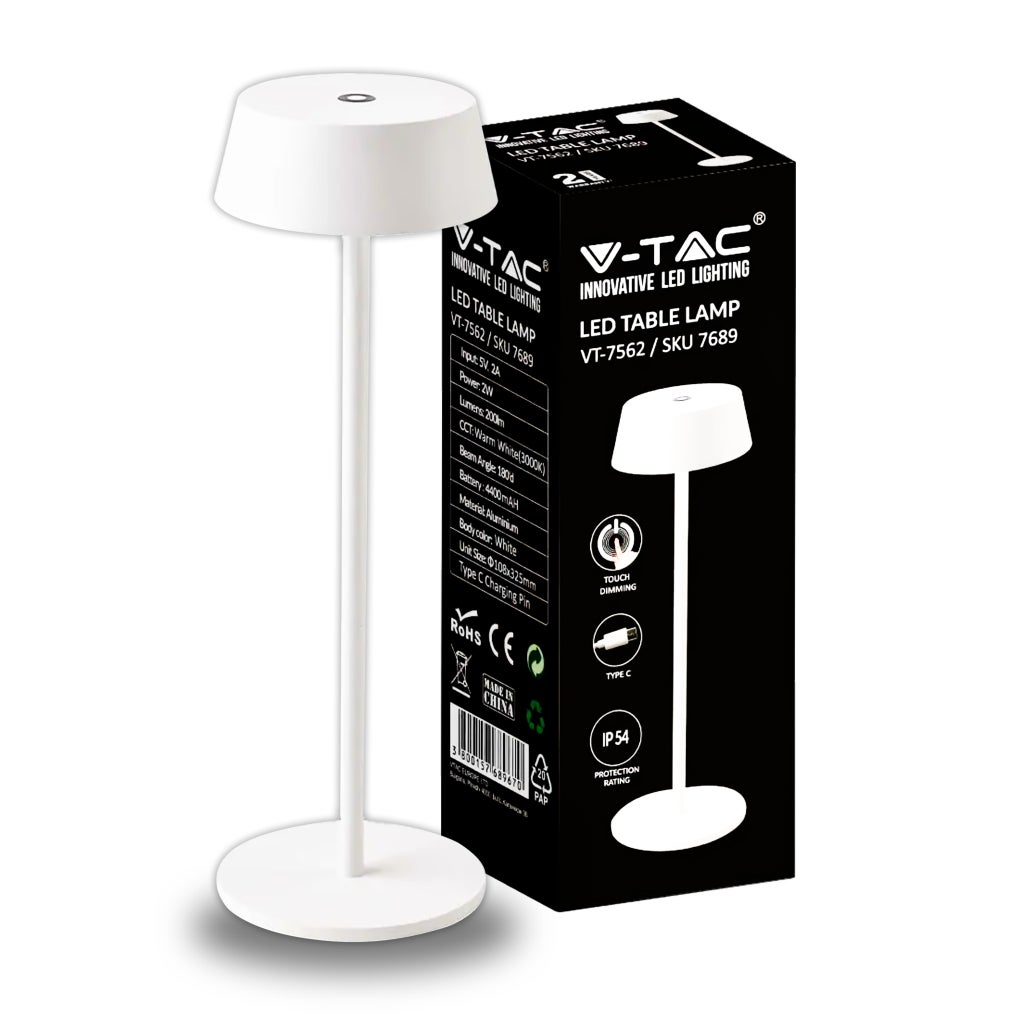 Lampa stołowa LED 2W, kolor biały, aluminium, ładowalna, z funkcją dotykową USB-C, ściemnialna do 3000K