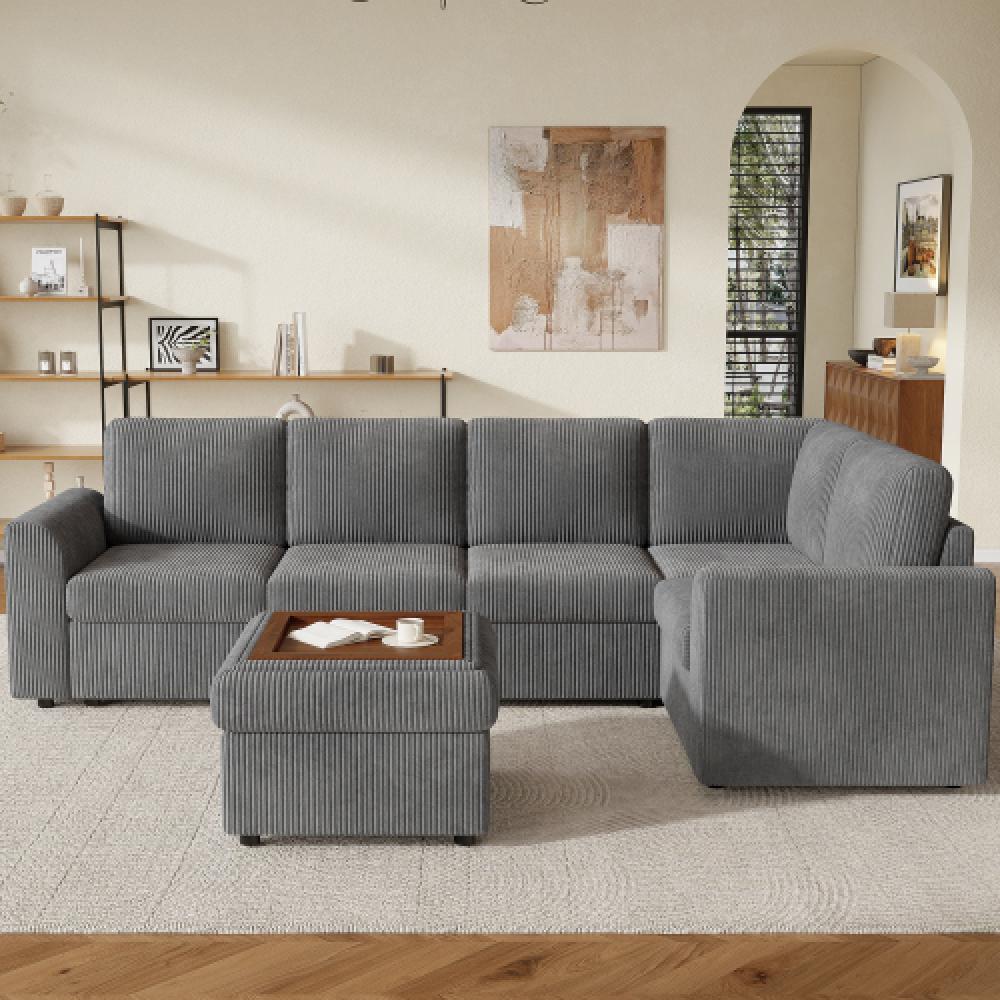 Narożna sofa w kształcie litery L z kordu, z leżanką i pufem ze schowkiem, rozkładana, z pianki o wysokiej gęstości, wysokie nóżki, łatwy montaż