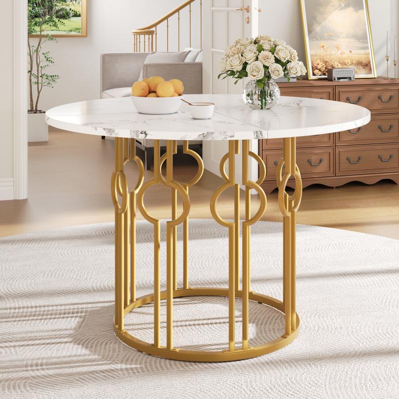 Stół okrągły 100 cm, płyta MDF marmurkowa, nogi w kolorze złotym, blat metalowy regulowany – 4 miejsca, jadalnia/kuchnia/salon