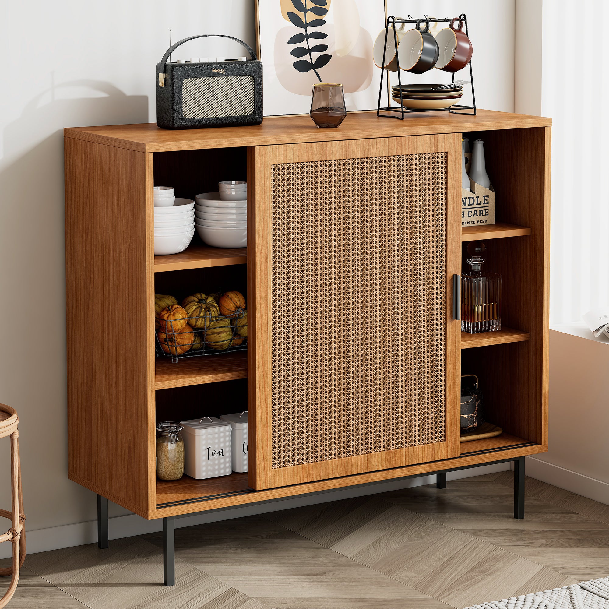 Komoda z 2 drzwiami przesuwnymi i regulowaną półką - dł. 100 x gł. 37 x wys. 90 cm - płyta wiórowa i nogi metalowe - orzech