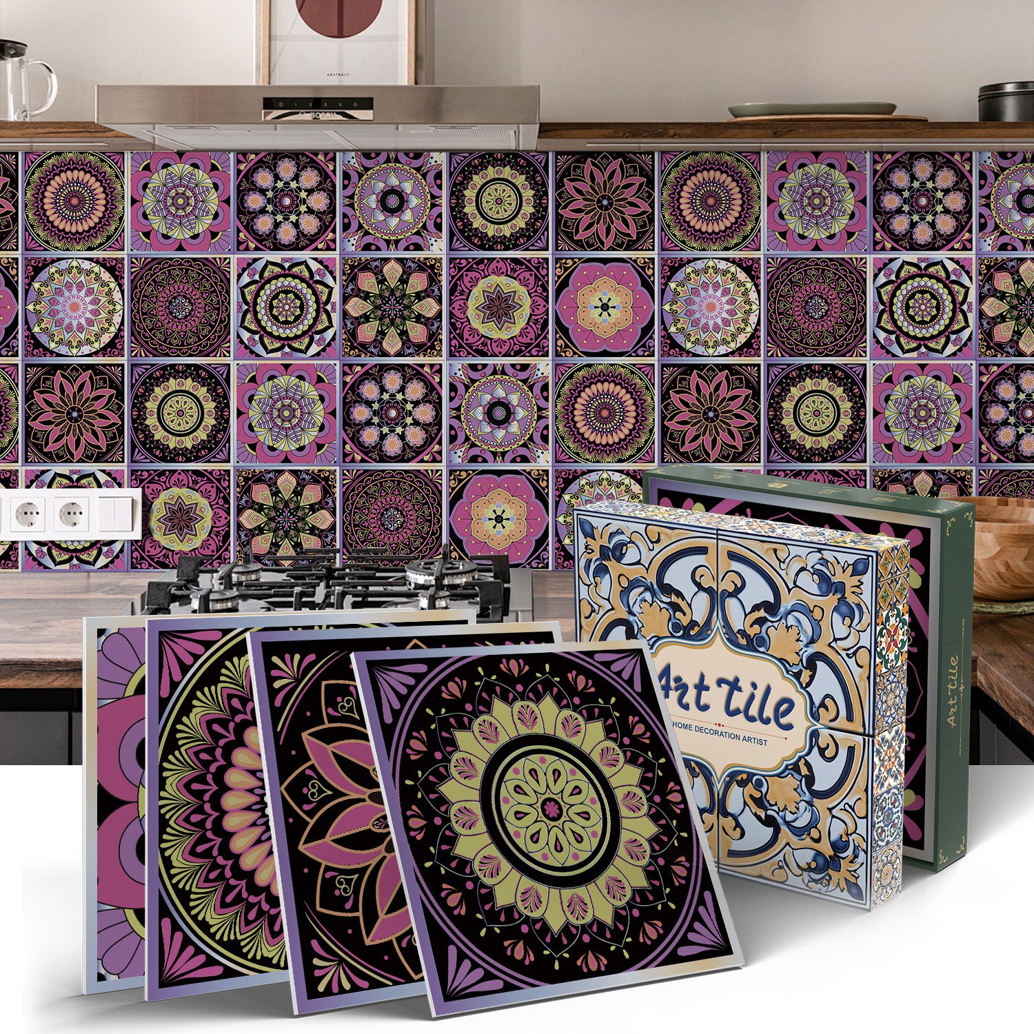 Boho mandala naklejki ścienne, 15 cm x 15 cm x 12 sztuk, naklejki na płytki, odpowiednie do kuchni i łazienek (ART107)