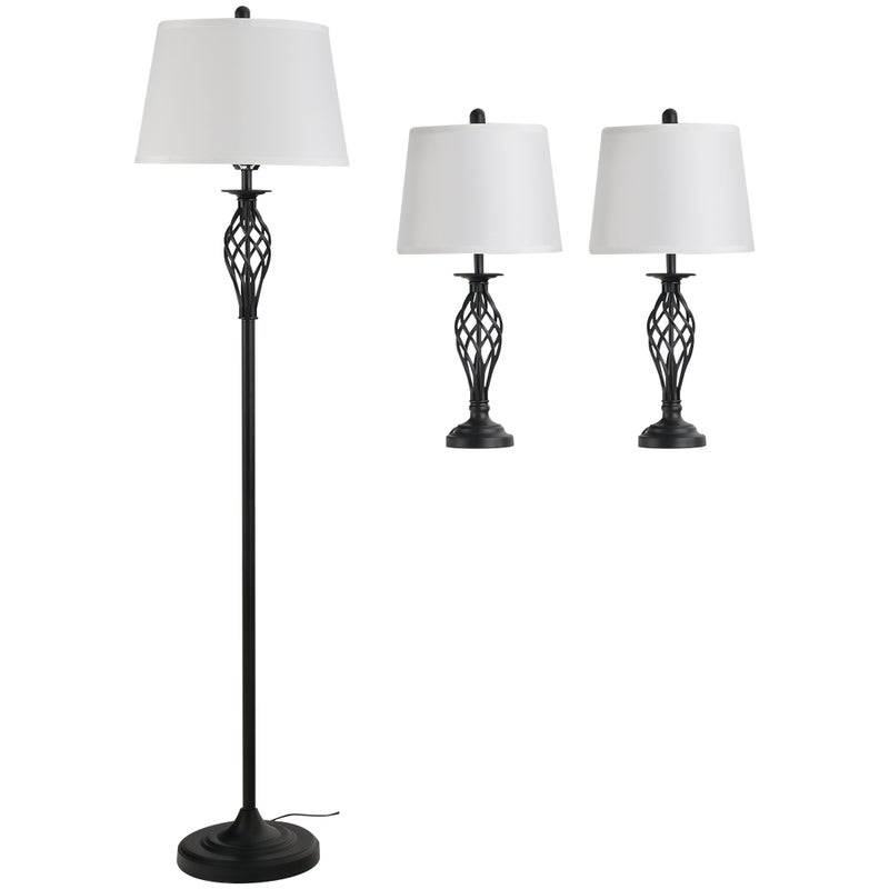 Zestaw 3-częściowy: 1 lampa podłogowa i 2 metalowe lampy stołowe, styl vintage, żarówki E27, czarno-białe