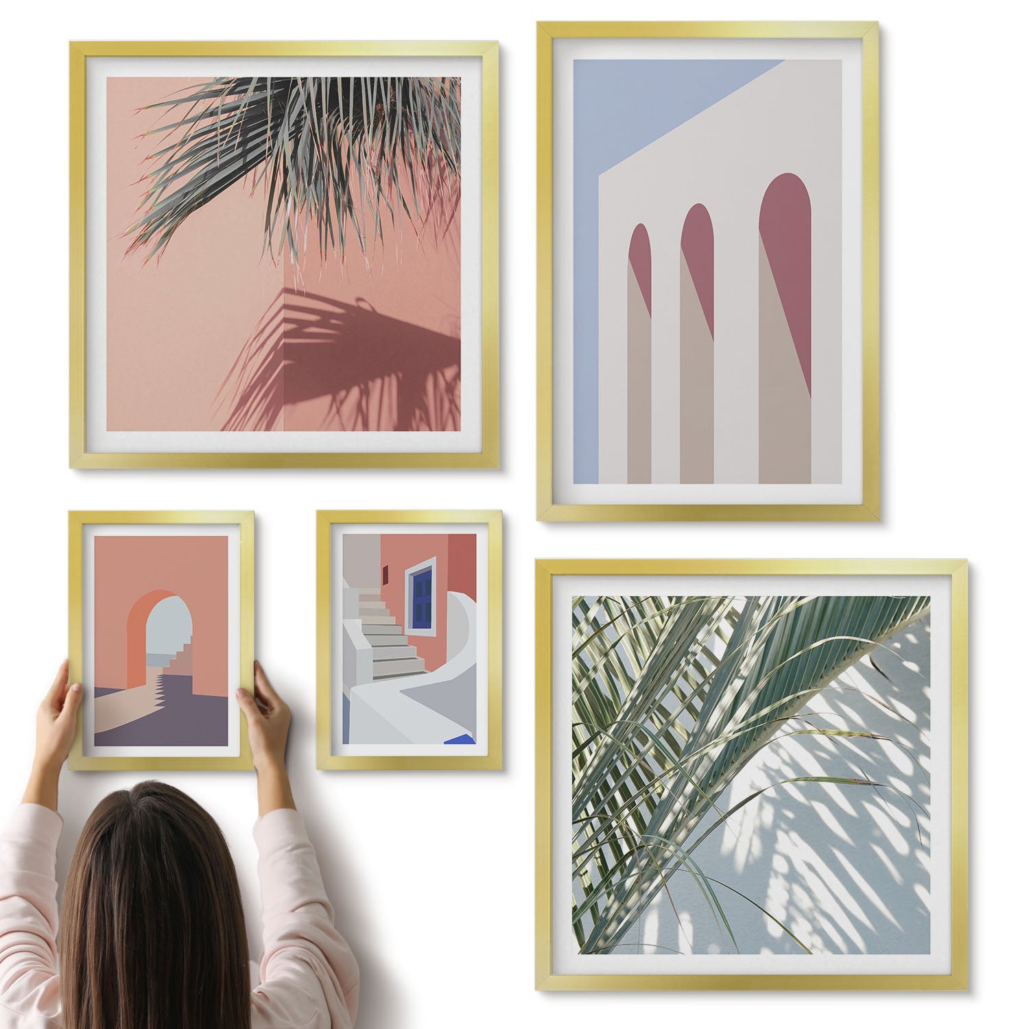 Galeria ścienna 5-częściowy komplet obrazów w złotych ramach - Ilustracje architektury miejskiej styl minimalistyczny - ArtPrintCave