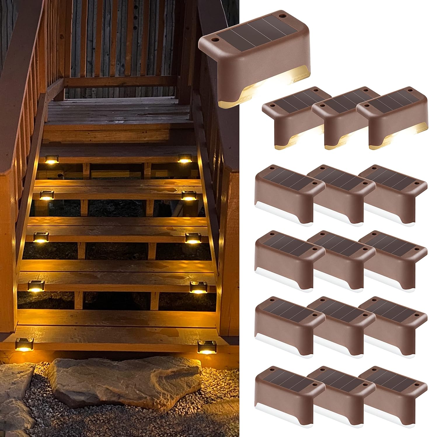 Zestaw 16 zewnętrznych lamp solarnych na schody - Wodoodporne - Oświetlenie LED do zewnętrznych schodów, stopni, ogrodzeń, podwórek, tarasów, rynien