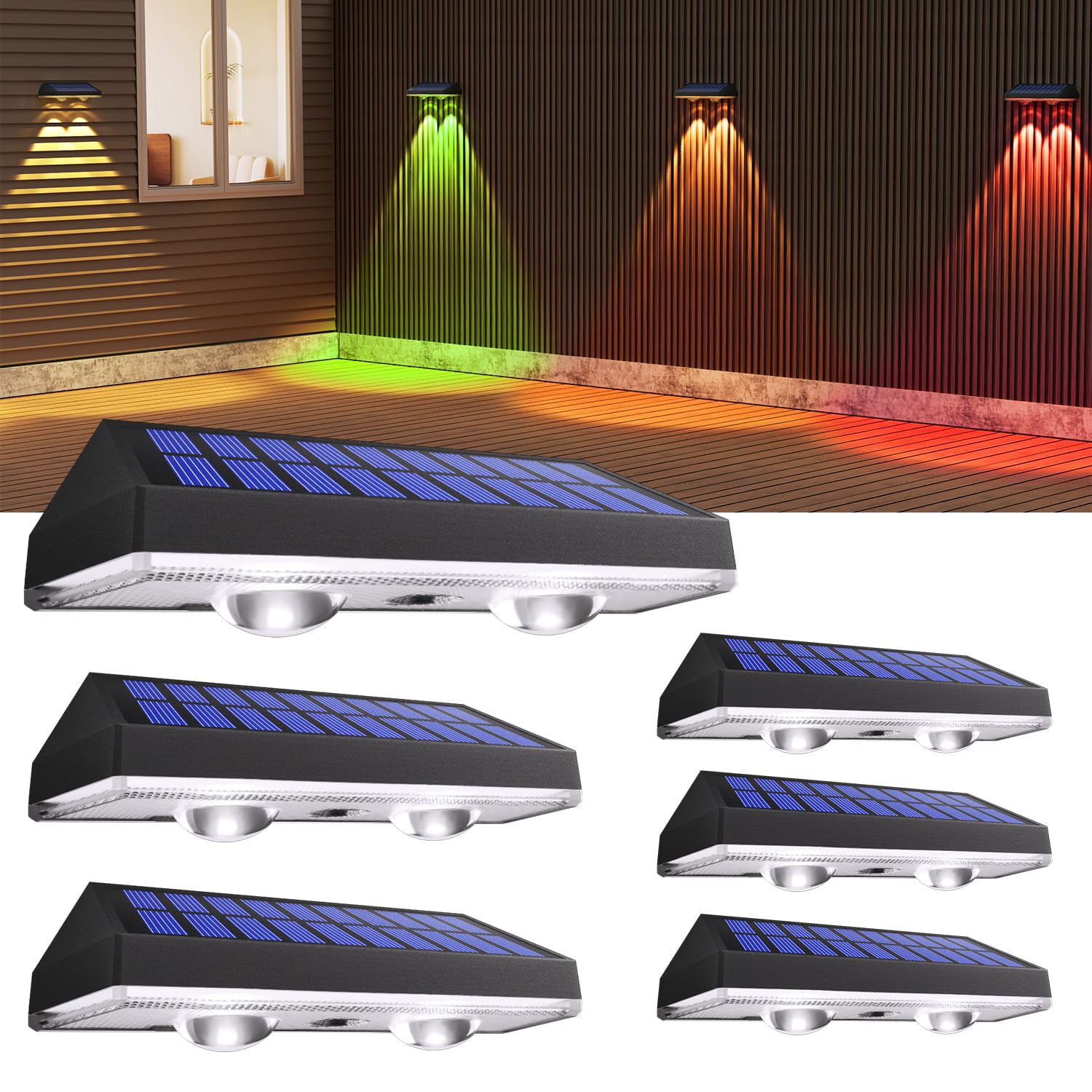Zestaw 6 słonecznych lamp zewnętrznych, oświetlenie ogrodzenia zewnętrznego IP65, wodoodporne słoneczne lampy ścienne RGB z 8 trybami kolorów