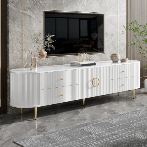 Stolik pod TV 180x40x38 cm - 4 szuflady i 2 drzwi - Owalny kształt - Falista faktura 3D - Nogi żelazne - Płyta MDF - Biały