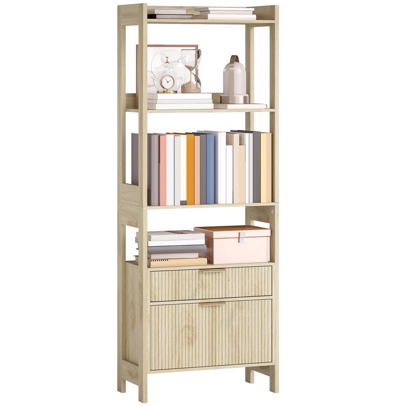 Wysoka biblioteczka, jednostka do przechowywania z 4 otwartymi półkami i 2 żłobionymi szufladami, 60 x 30 x 160 cm, drewno naturalne