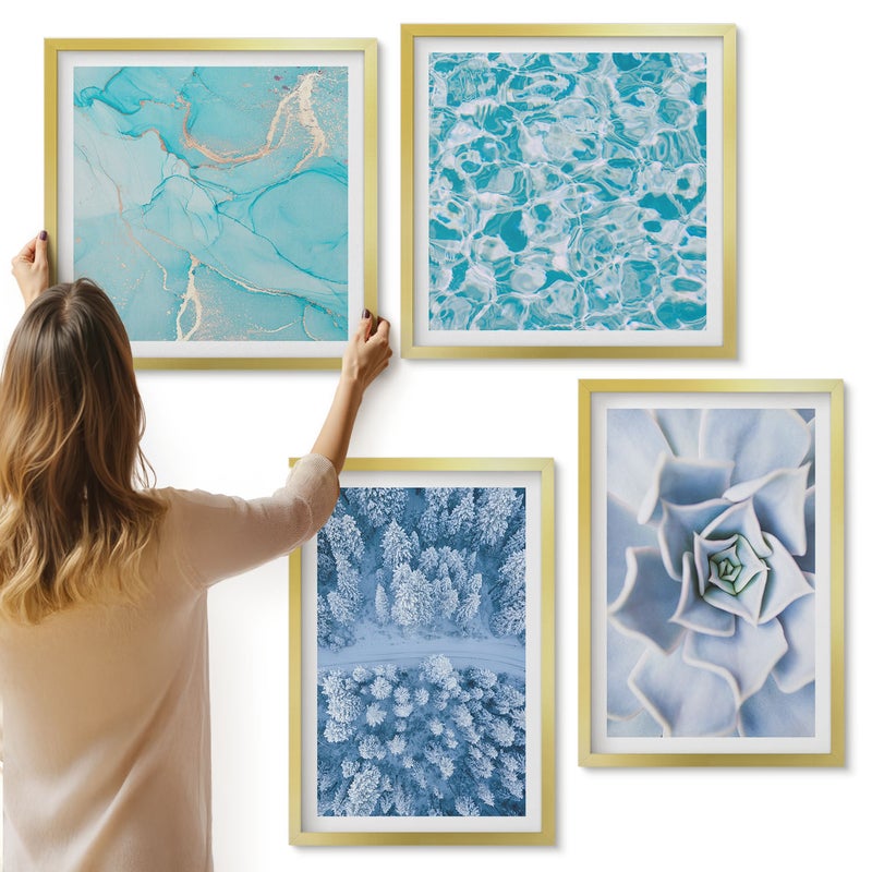 Galeria ścienna 4-częściowy komplet obrazów w złotych ramach - Zimowy las niebieski kwiat błękitna tafla wody - ArtPrintCave