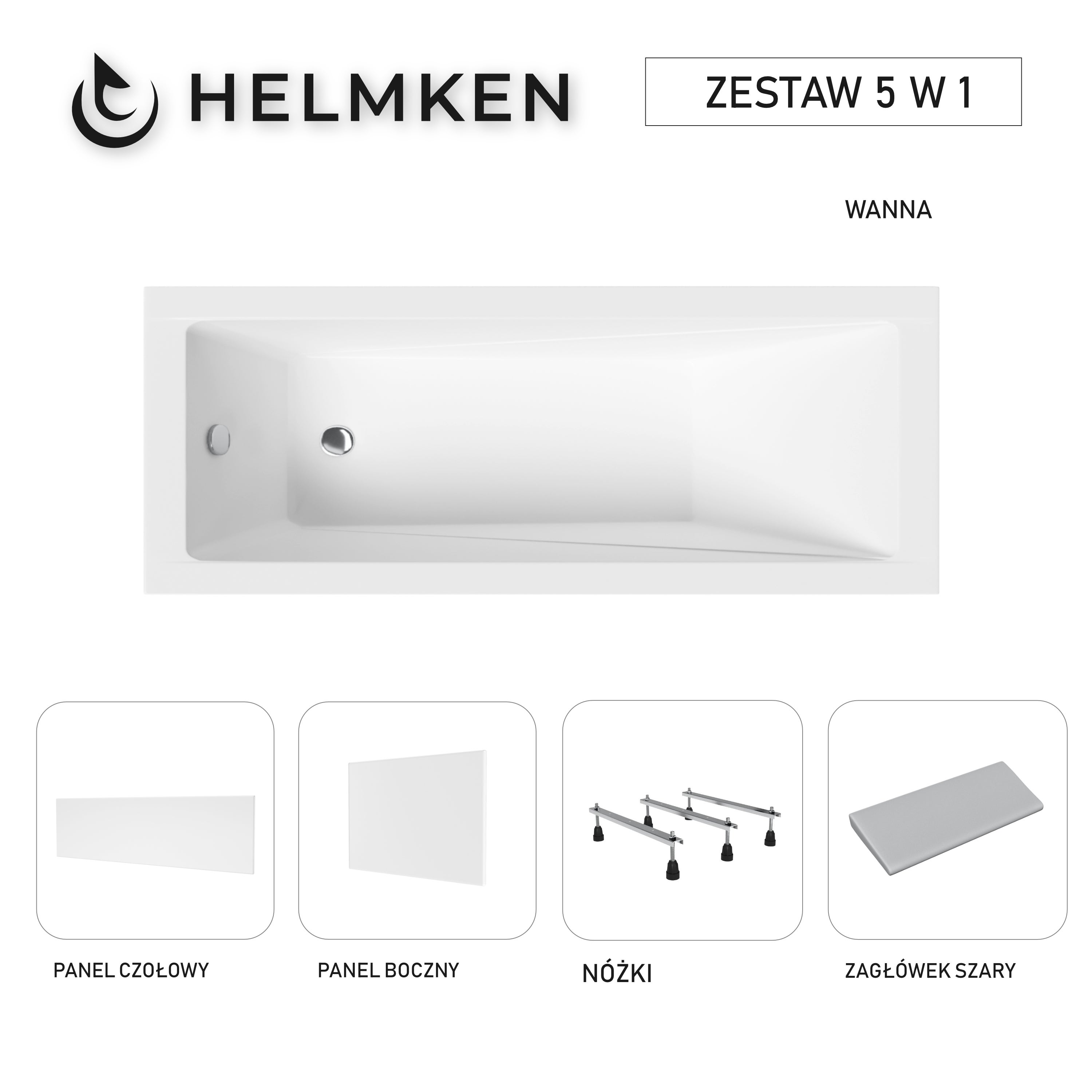 Wanna akrylowa Helmken Rivana 180 x 80 + Panel czołowy i boczny Biały + Zagłówek szary + Nóżki / 23095007ZW