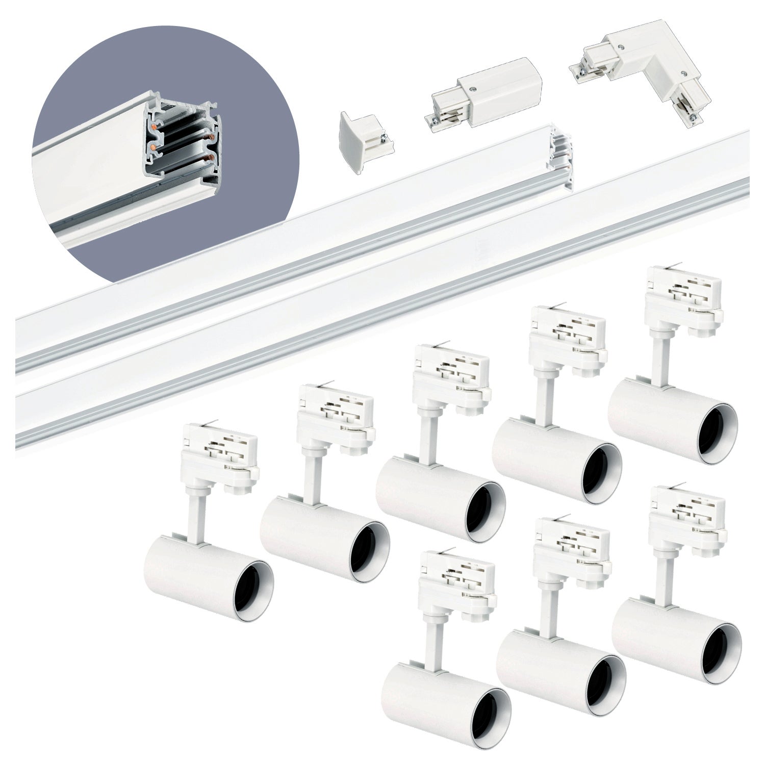 Zestaw szynowy 3-fazowy Kobi szyna 1m+2m, 8x Lampa, łącznik L biały 1kpl.