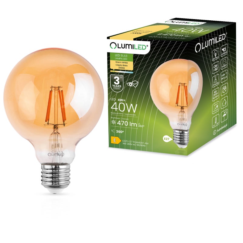 Żarówka LED Lumiled E27 Kula G125 4W 470lm 2000K Ciepła 360st Bursztynowa Filament 1 szt.