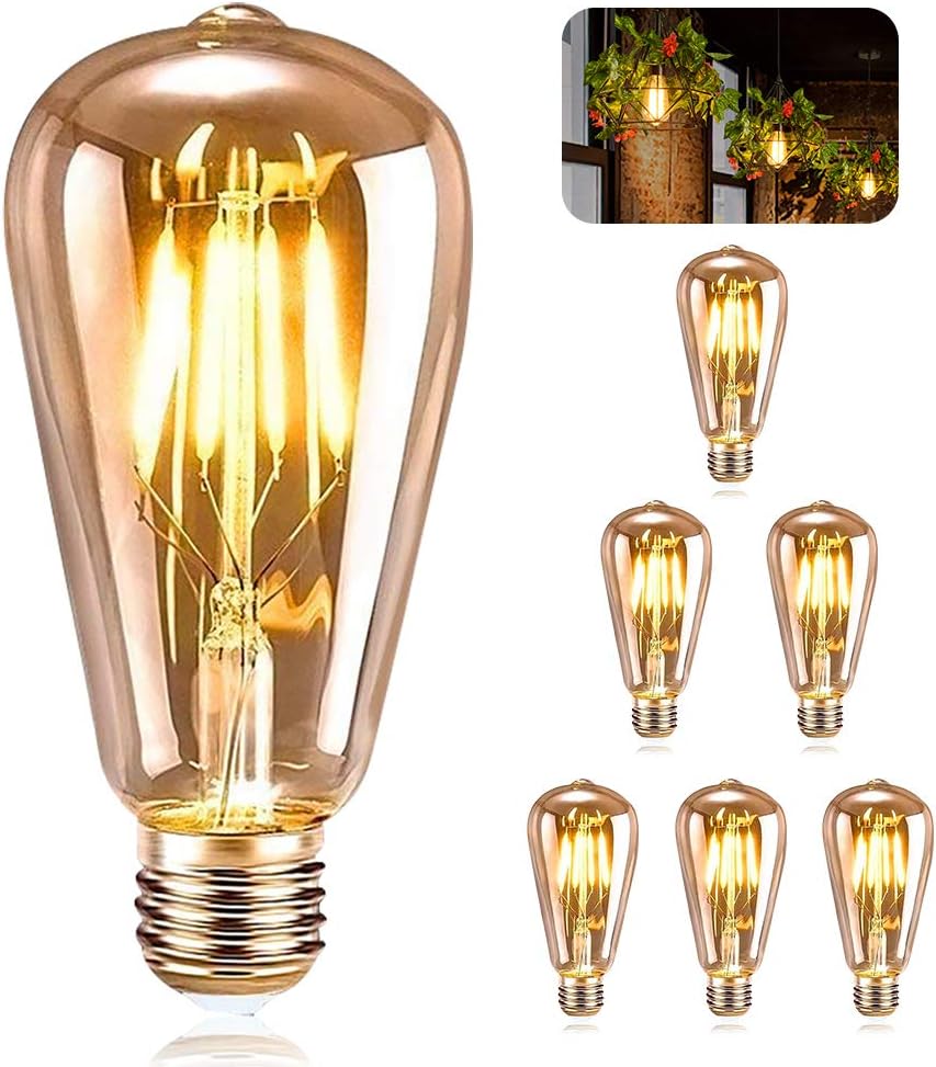 Żarówka E27 Vintage, 6 sztuk Żarówka LED Dekoracyjna Retro Edison Vintage Antyczna 4W Filament Ciepła Biel Restauracja Kawiarnia Bar Żarówki Żarowe