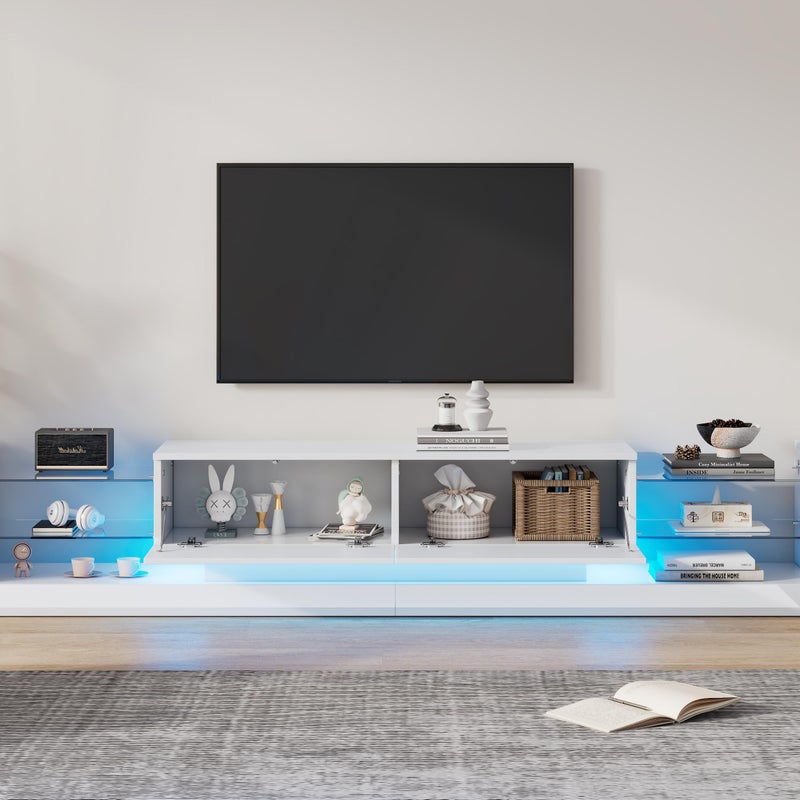 Stolik pod TV z oświetleniem LED - 2 wysuwane przegródki i szklane półki - biały