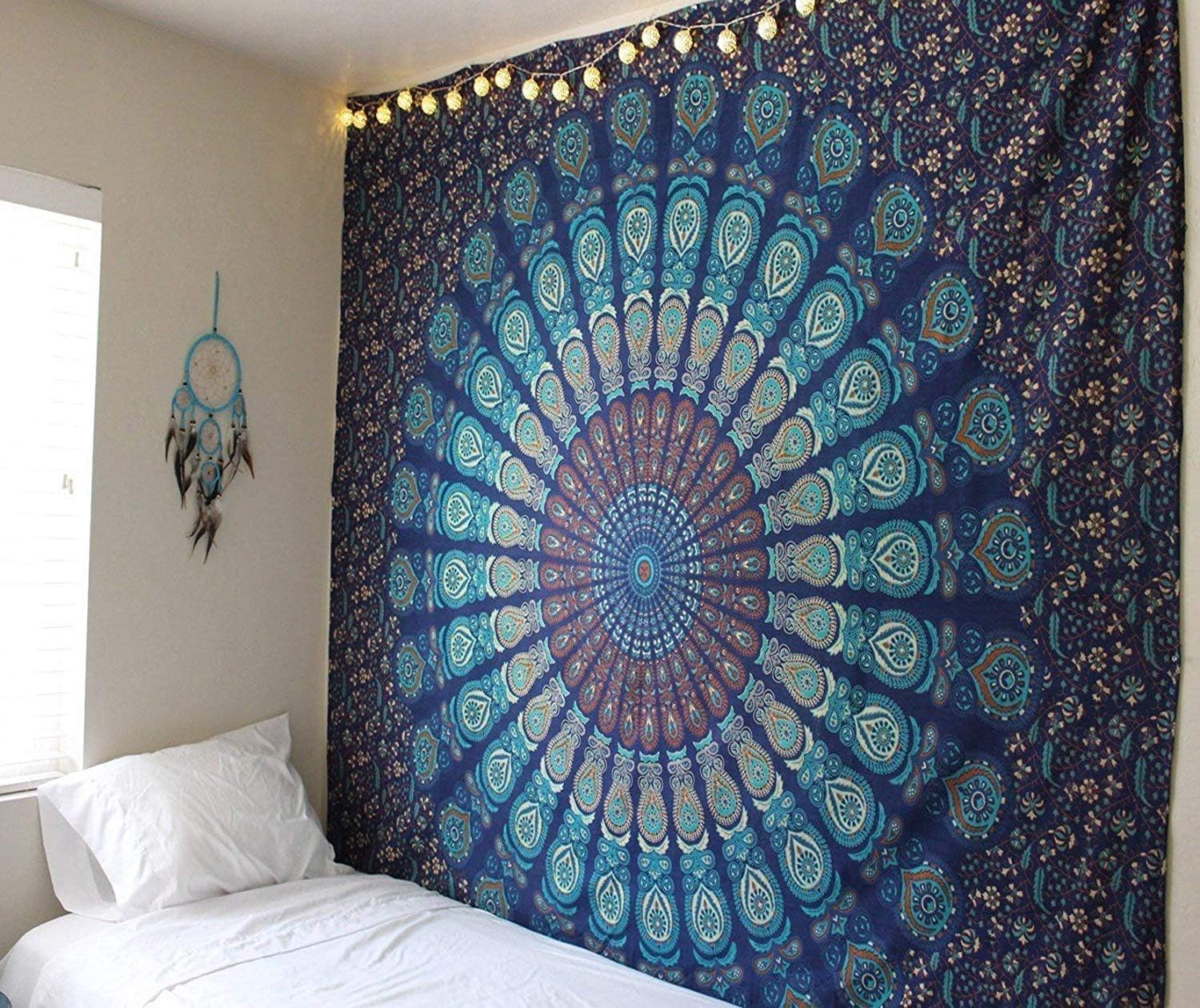 Turkusowa Indyjska Tapestria 213x137cm Paw Mandala Pokój Boho Hippie Pościel Bawełniana Dekoracyjna Tkanina do Zawieszenia na Ścianie Narzuta na Łóżko