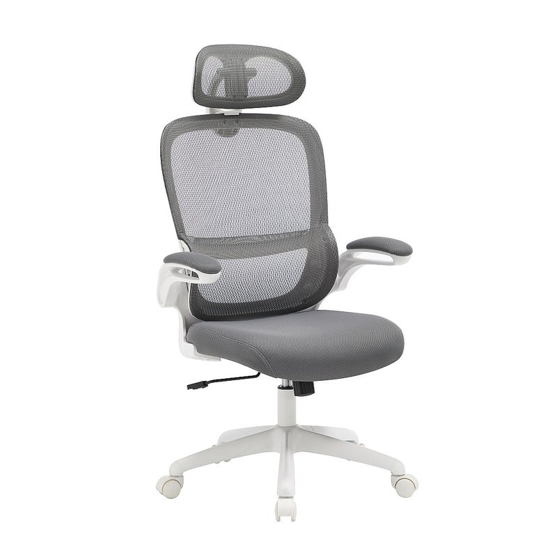 Fotel biurowy ergonomiczny z zagłówkiem - Tkanina - Szary i biały - NIRANO