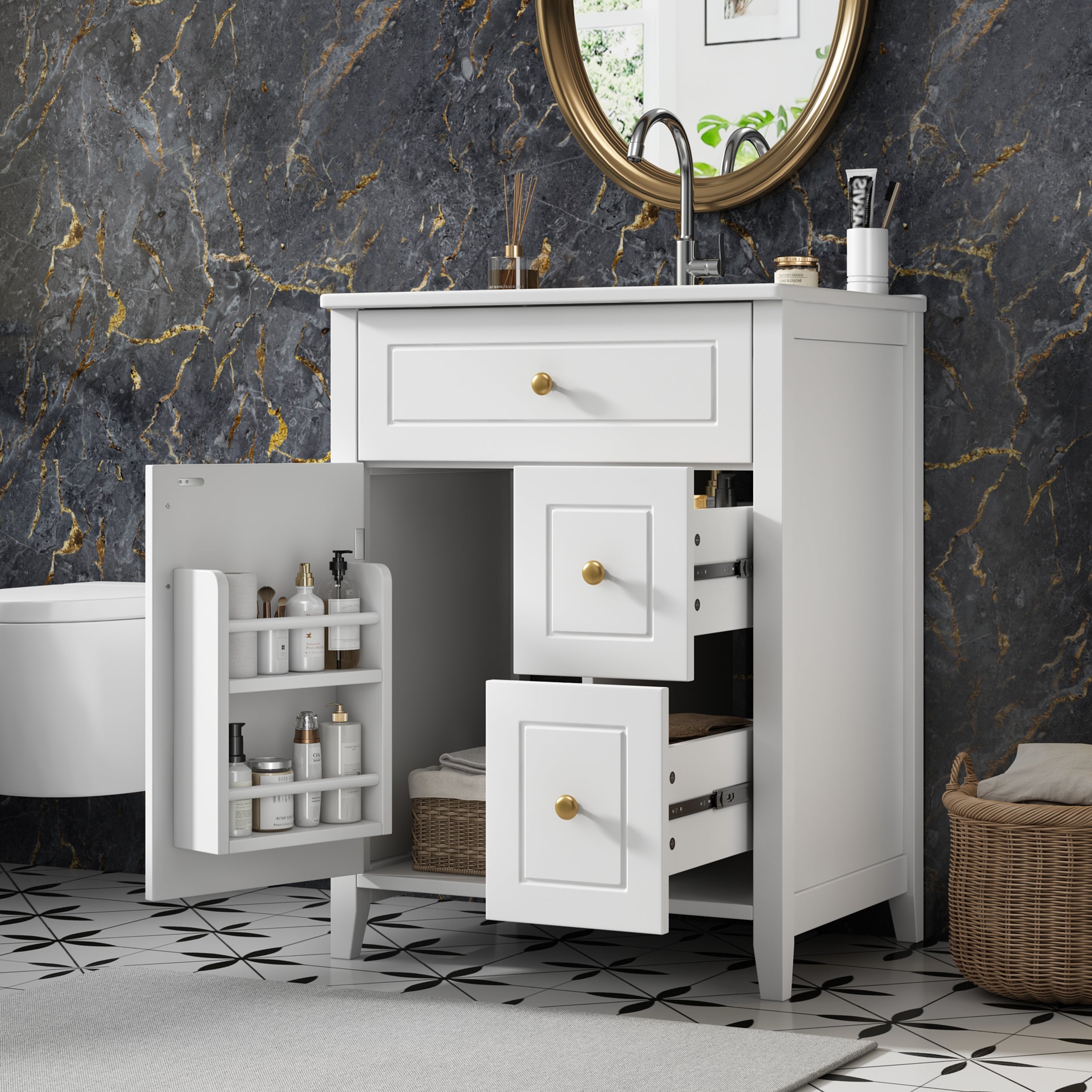 Meble łazienkowe 61cm z umywalką ceramiczną - Zestaw podumywalkowy na nogach, szuflady i drzwi, nowoczesny design - Błyszcząca biel/zieleń