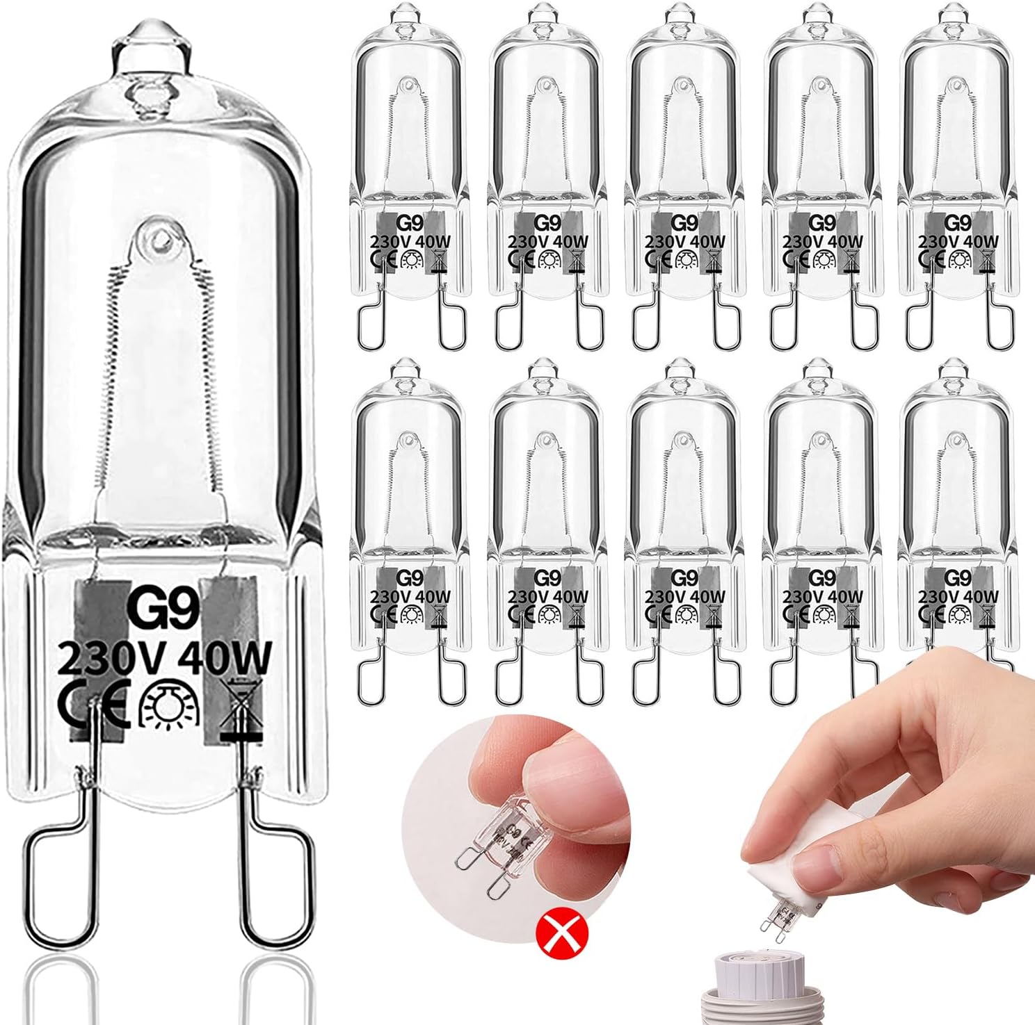 10 ściemnialnych żarówek halogenowych G9 40W 230V 2900K 480LM o ciepłej białej barwie. Nadają się do żarówek piekarnikowych i oświetlenia sufitowego