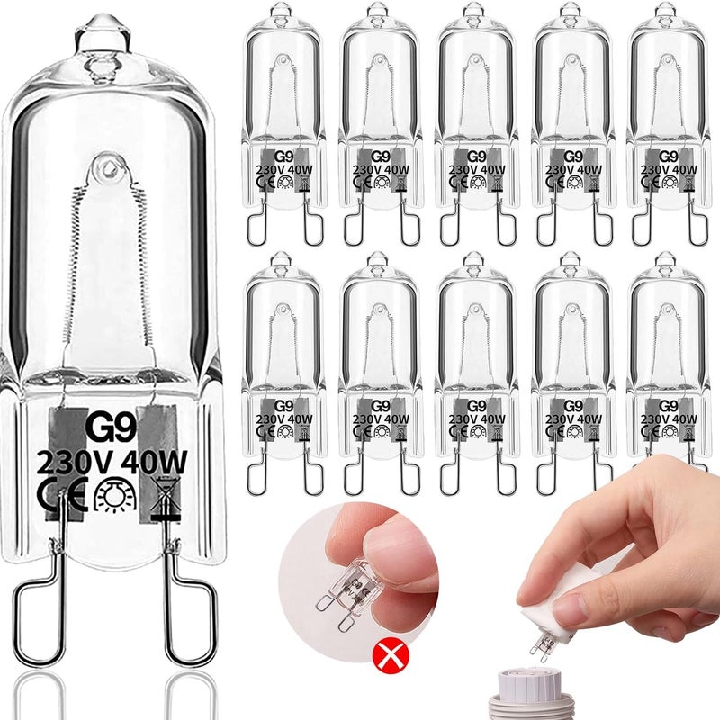 10 ściemnialnych żarówek halogenowych G9 40W 230V 2900K 480LM o ciepłej białej barwie. Nadają się do żarówek piekarnikowych i oświetlenia sufitowego