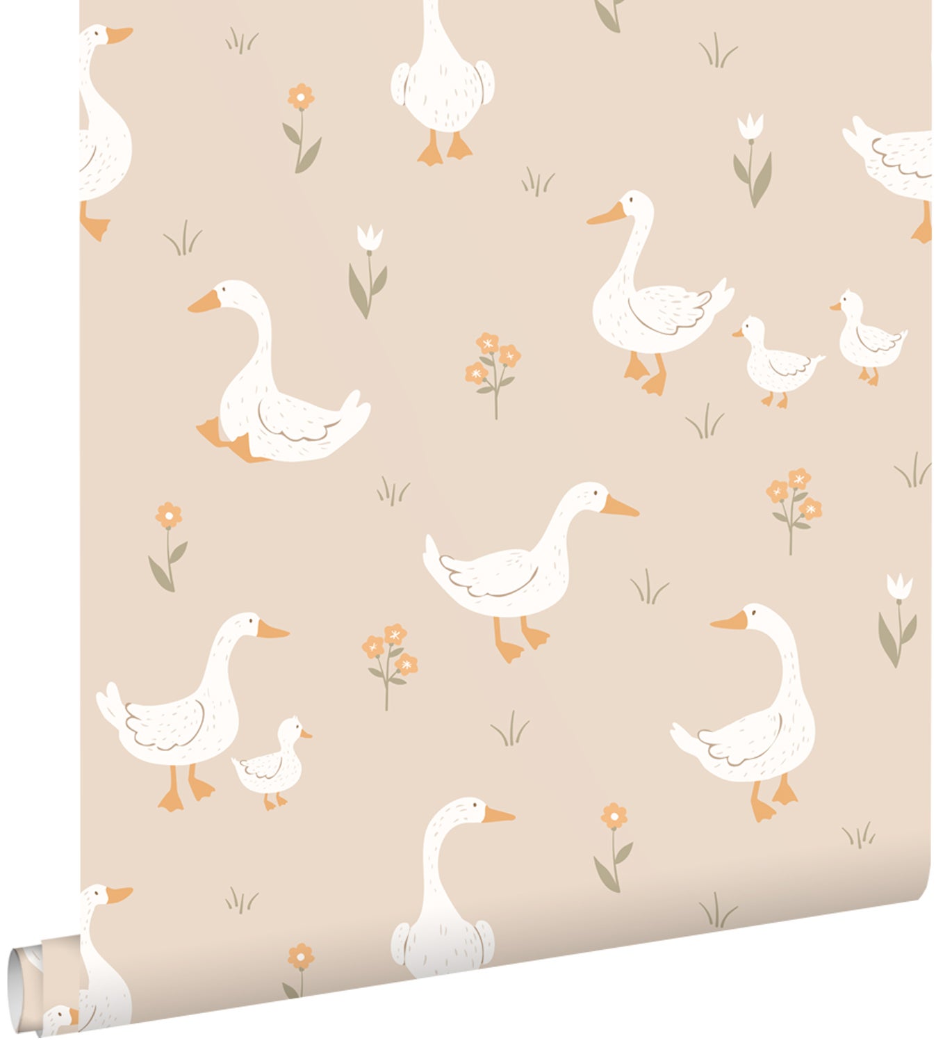 Tapeta słodkimi gęsiami beżowy i pomarańczowy - 50 x 900 cm - ESTAHOME