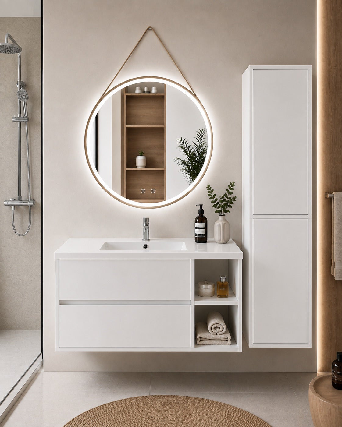 Szafka łazienkowa z umywalką ORIGENBATH ZEUS bez lustra 90x40 cm Prawa strona biały z kolumną