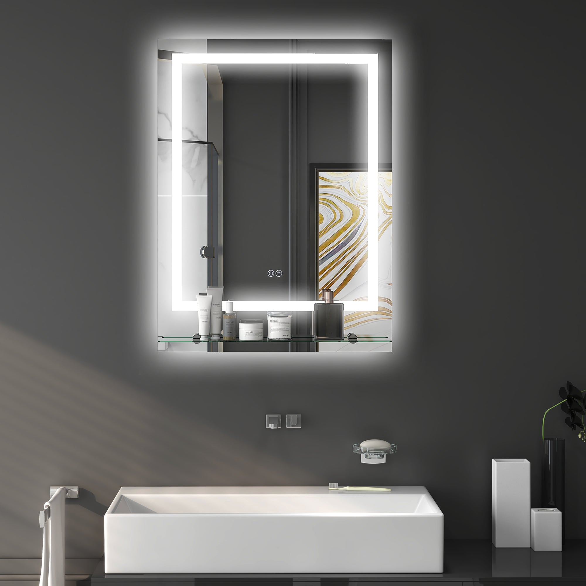 Lustro łazienkowe LED prostokątne 70x50 cm z półką, dotykowe, przeciwmgielne, 3 kolory, IP44 do makijażu