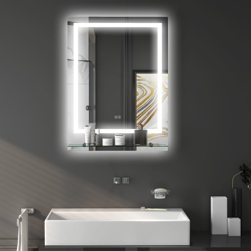 Lustro łazienkowe LED prostokątne 70x50 cm z półką, dotykowe, przeciwmgielne, 3 kolory, IP44 do makijażu